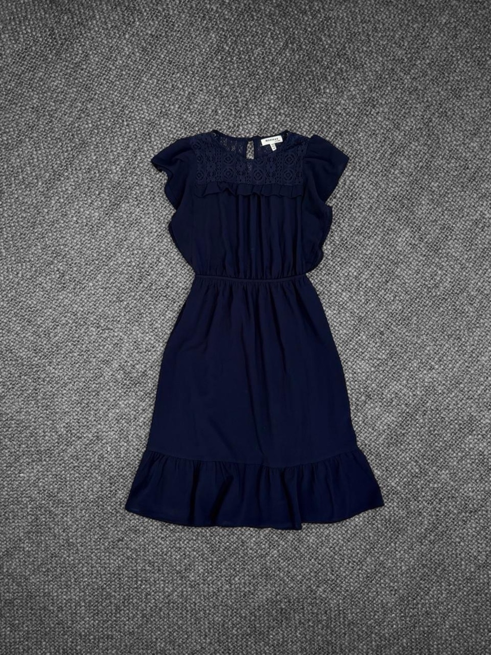Monteau Navy Blue Lace Yoke Ruffle Sleeve Midi Dress Size M